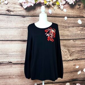 The Limited Women’s Black Red Floral Knit Elegant Balloon Sleeve Long Sweater